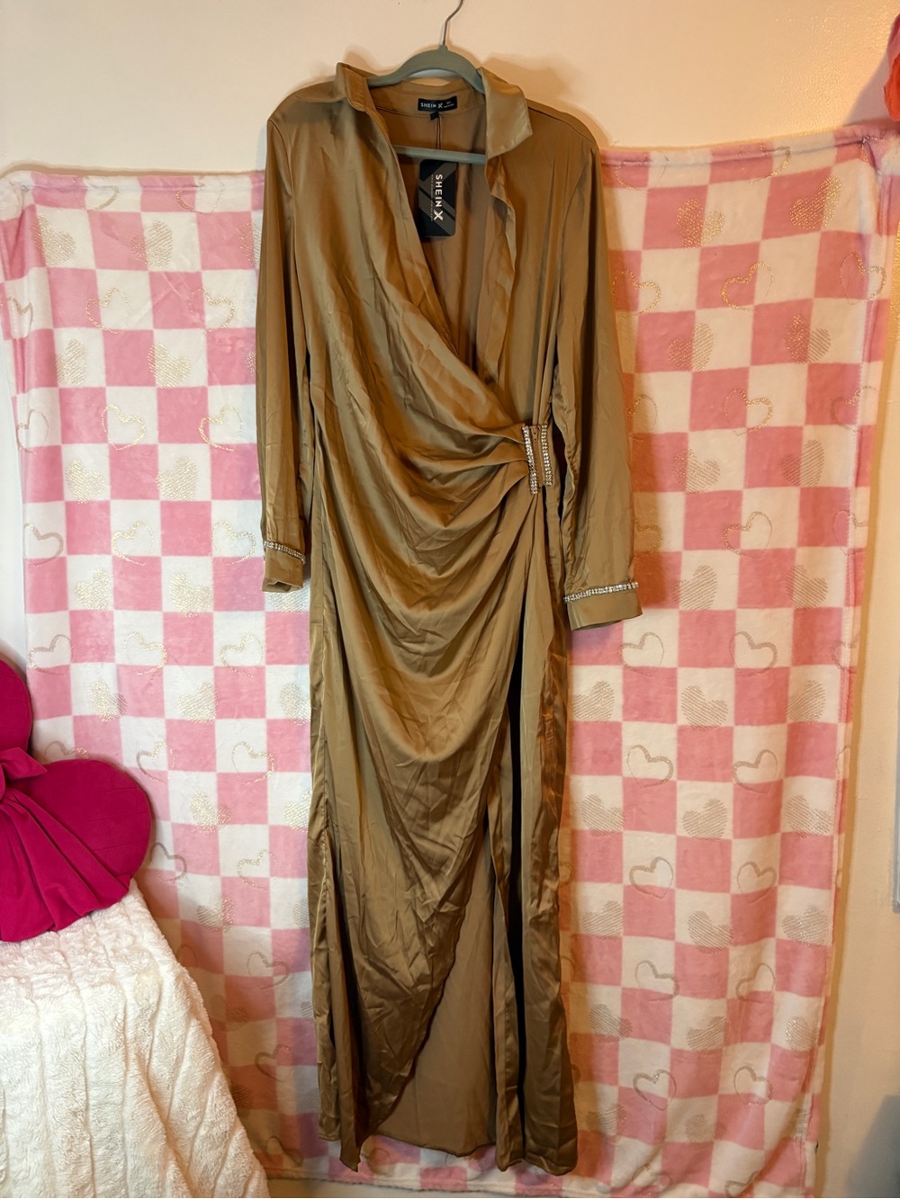 SHEIN Olive Brown Drape-Front Long Sleeve Maxi Dress